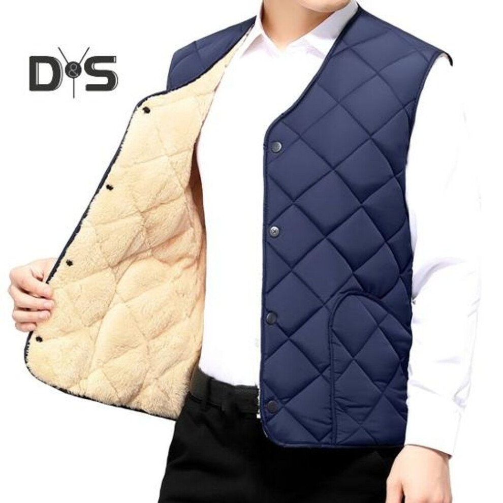 (XL, blue) Men Vest Coat V-Neck Sleeveless Single Breasted Solid Color Waistcoat with Pockets Thickened Plush Lining Vest Jacket