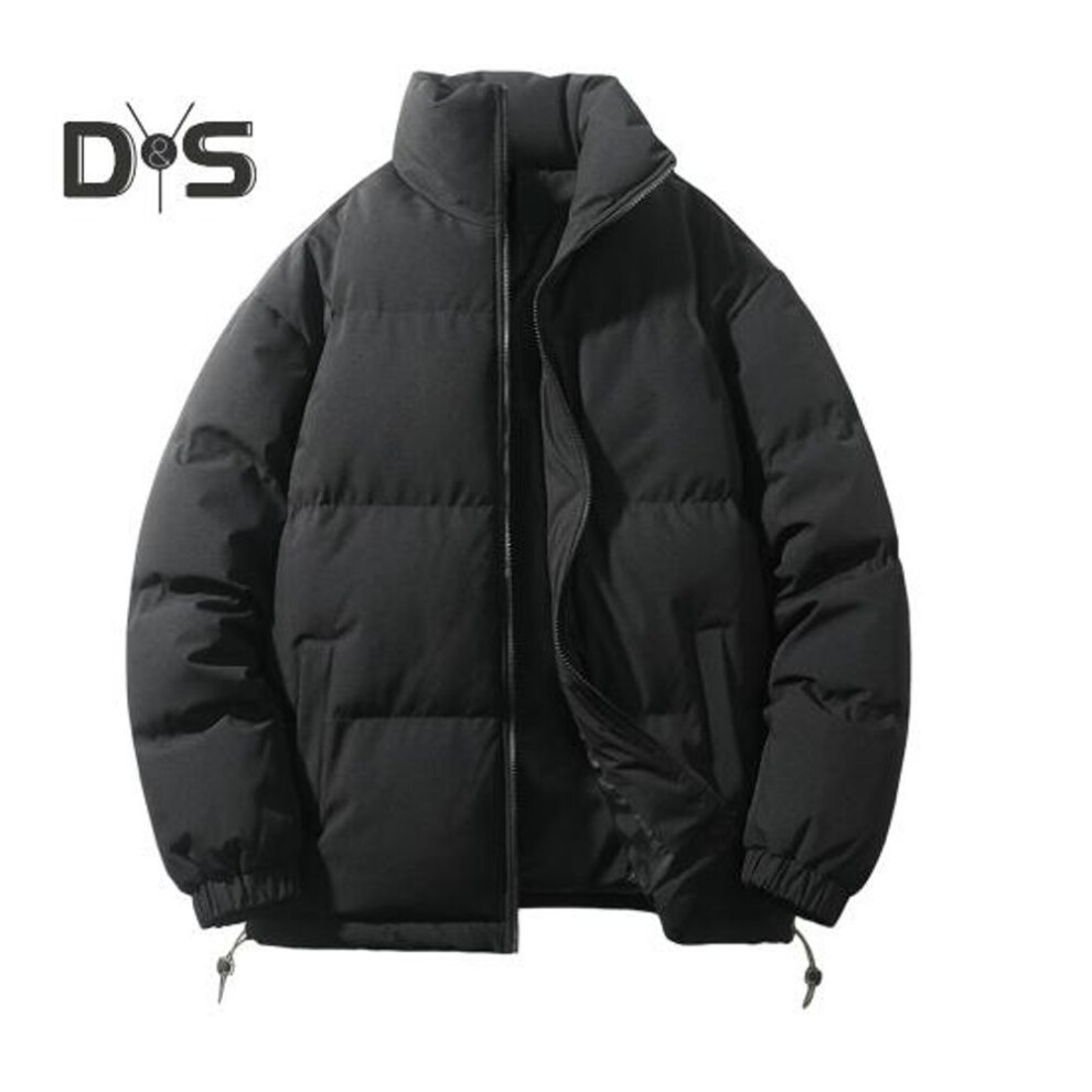 (black, 3XL) Women Men Cotton Coat Stand Collar Long Sleeve Drawstring Hem Puffer Jacket with Pockets Loose Fit Warm Winter Outerwear