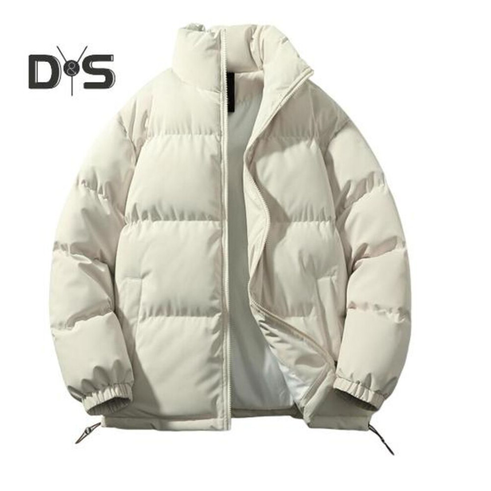 (apricot, L) Women Men Cotton Coat Stand Collar Long Sleeve Drawstring Hem Puffer Jacket With Pockets Loose Fit Warm Winter Outerwear