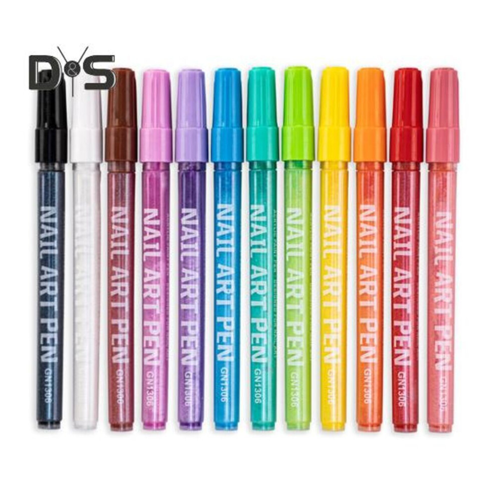 (as the picture, B) 12 Pcs Nail Art Pens Set 3D Nail Polish Pen Quick Drying Nail Point Graffiti Dotting Pen Nail Art Markers Drawing Painting Pen For Home Salon