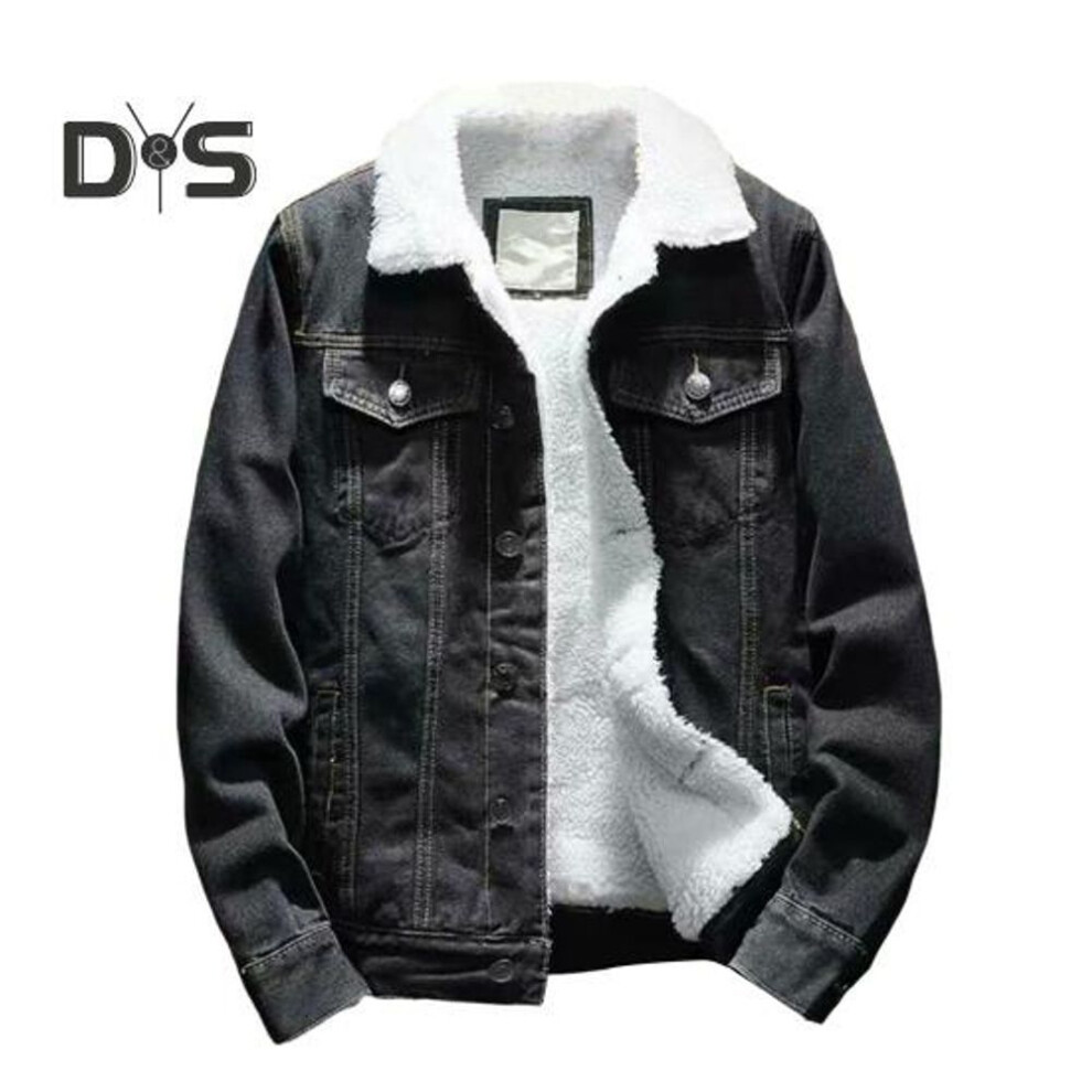 (black, S) Men Jacket Lapel Long Sleeve Denim Fabric Coat with Flap Pockets Thickened Velvet Lining Warm Button Closure Denim Outerwear