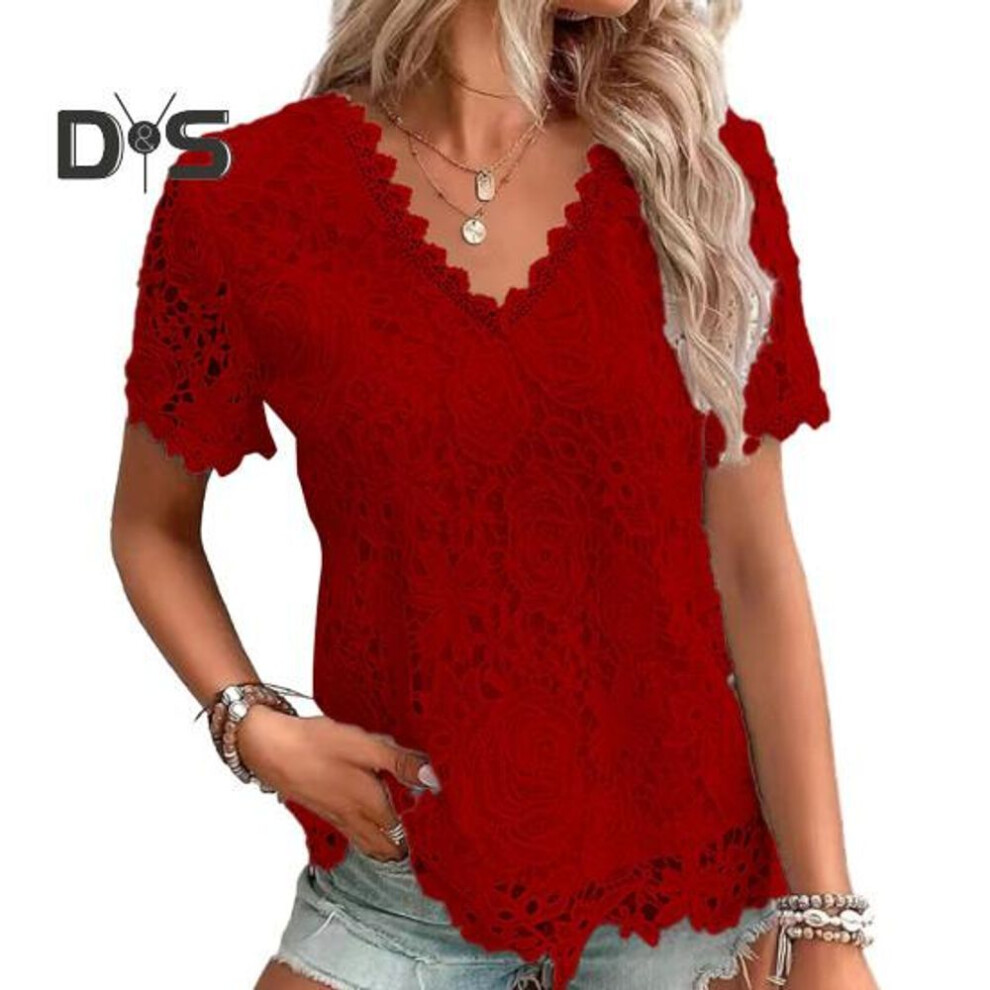 (3XL, red) Women Summer T Shirt V Neck Short Sleeve Casual Tee Shirt Hollow Embroidery Lace Pullover Tops Streetwear