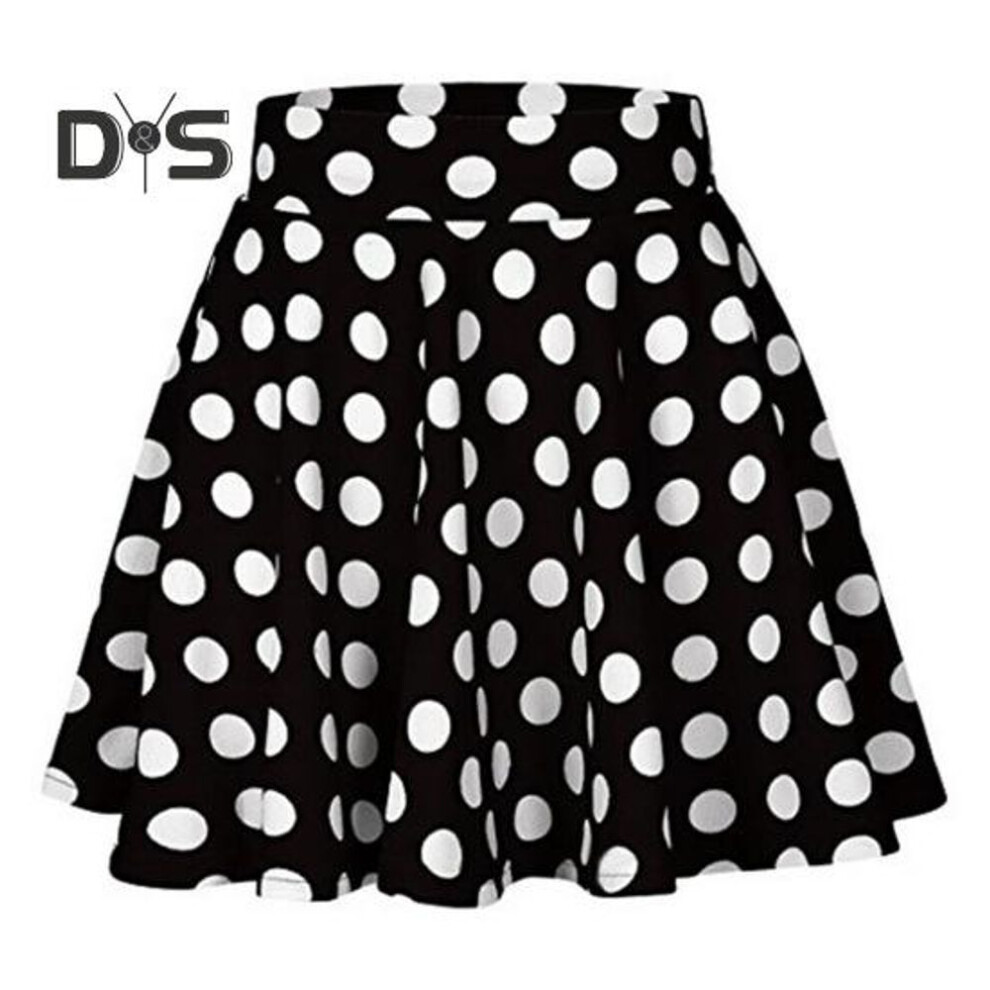 (L, black) Women Spring Summer Dot Printed Skirt Soft Breathable Loose High Waist A Line Pleated Midi Dress Fashion Party Costume