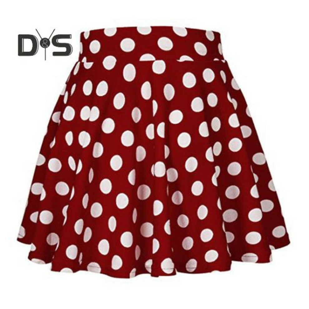 (L, red) Women Spring Summer Dot Printed Skirt Soft Breathable Loose High Waist A Line Pleated Midi Dress Fashion Party Costume