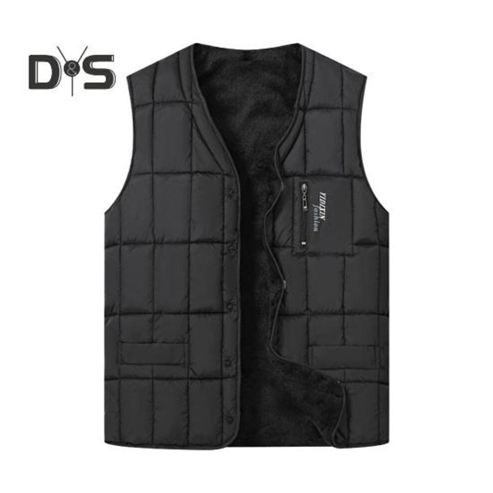 (XL, black) Men Waistcoat V-Neck Sleeveless Single Breasted Quilted Vest Coat with Zipper Pockets Solid Color Plush Lining Thickened Thermal Vest Jacket