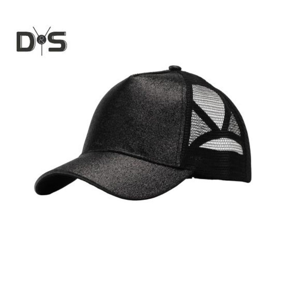 (black) Ladies Baseball Hat Shiny Powder Hollow Mesh Long Brim Ponytail Hole Adjustable Sunscreen Anti-uv Lightweight Club Party Performance Peaked Cap