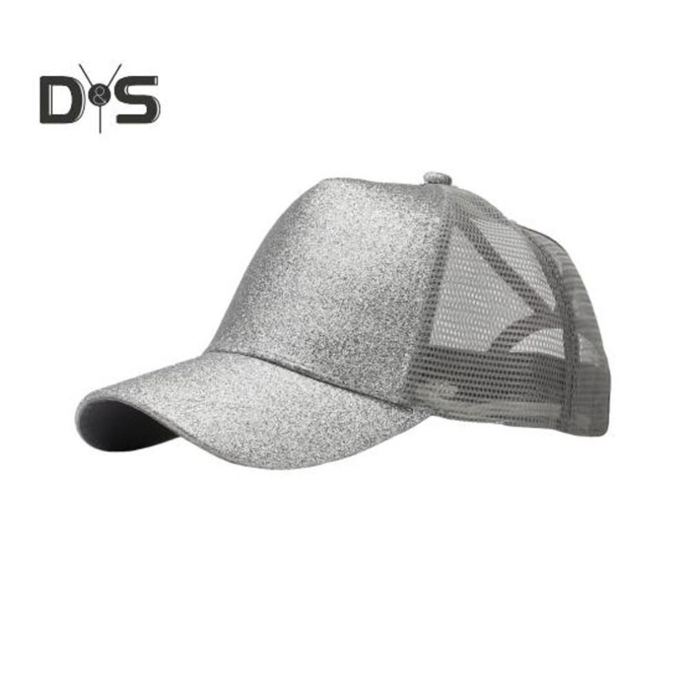 (silver) Ladies Baseball Hat Shiny Powder Hollow Mesh Long Brim Ponytail Hole Adjustable Sunscreen Anti-uv Lightweight Club Party Performance Peaked Cap