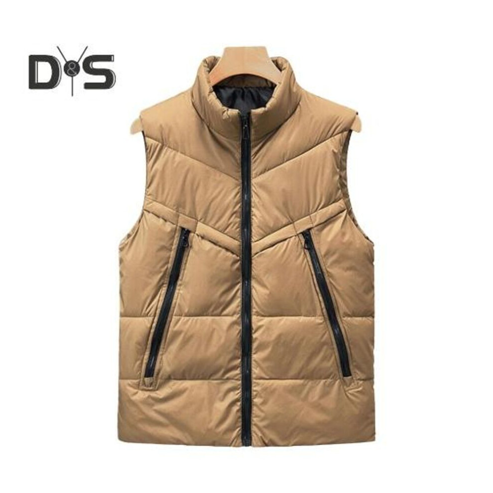 (khaki, XL) Men Waistcoat Stand Collar Sleeveless Zipper Placket Vest Coat with Pockets Solid Color Thickened Quilted Cotton Vest Jacket