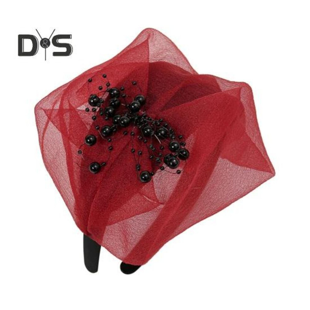 (red) Retro Hairband Women Wedding Headpiece Beads Mesh Decor Heightened Hair Hoop French Style Prom Headband