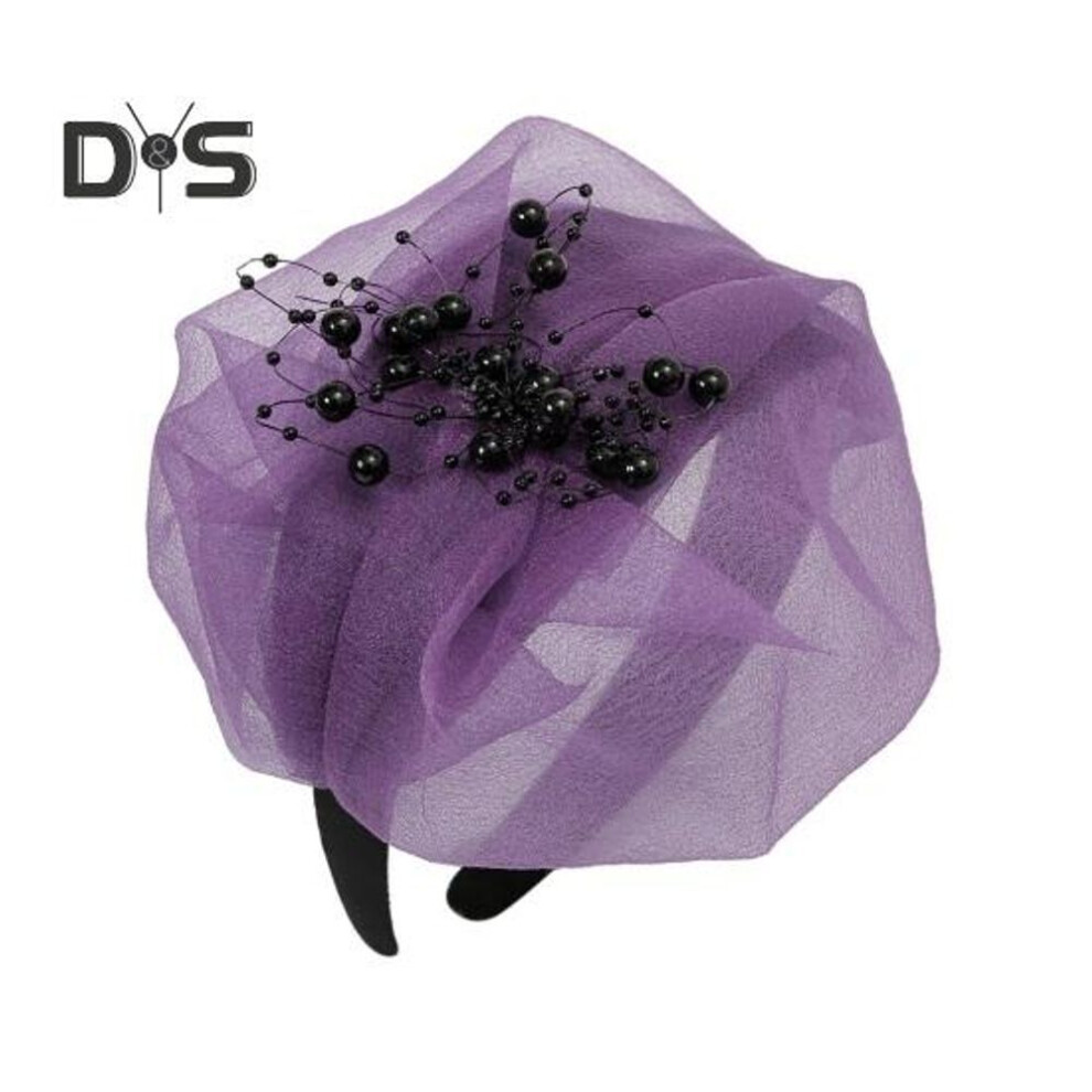 (purple) Retro Hairband Women Wedding Headpiece Beads Mesh Decor Heightened Hair Hoop French Style Prom Headband