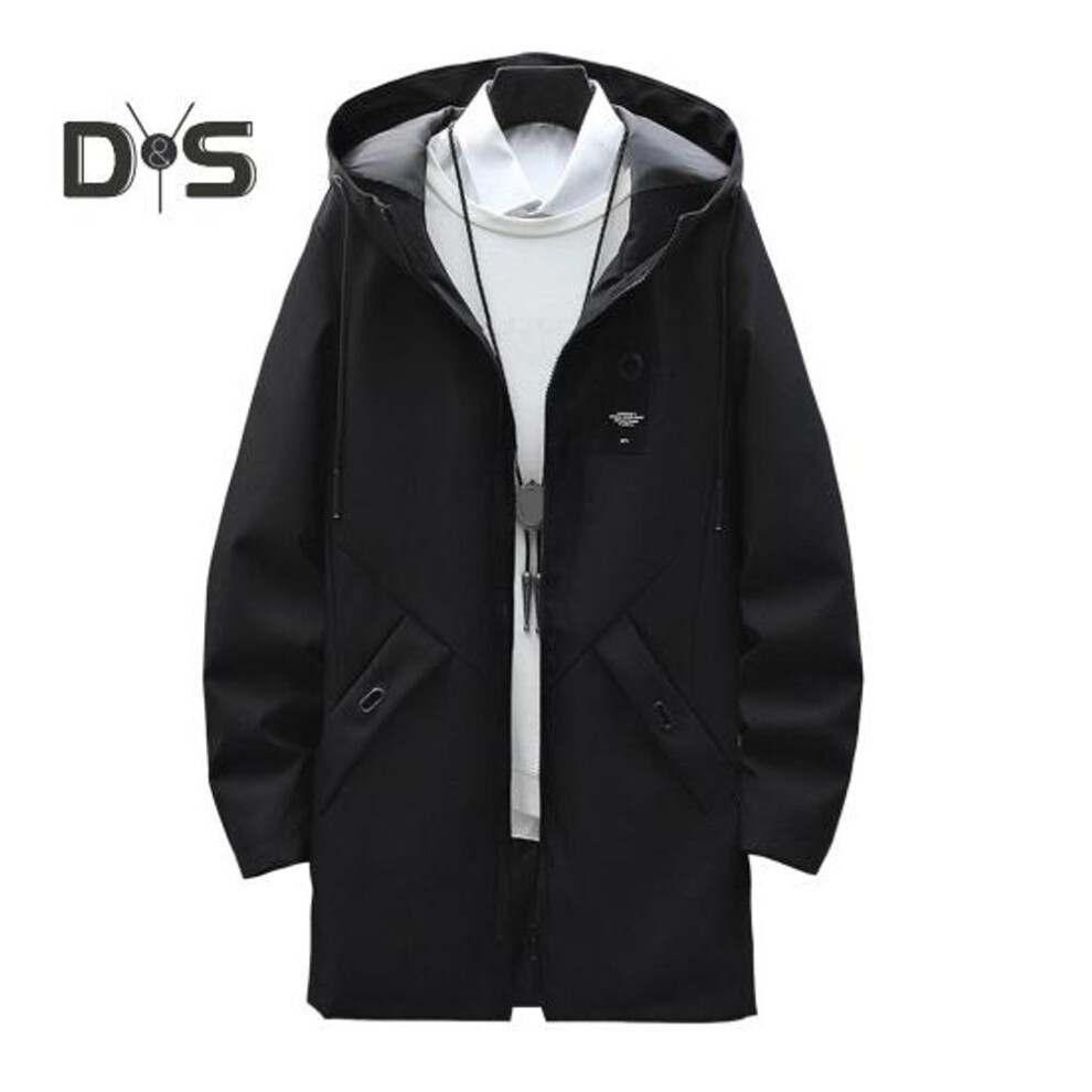 (black, L) Men Trench Coat Hooded Drawstring Long Sleeve Mid-length Jacket With Pockets Solid Color Zipper Placket Windbreaker