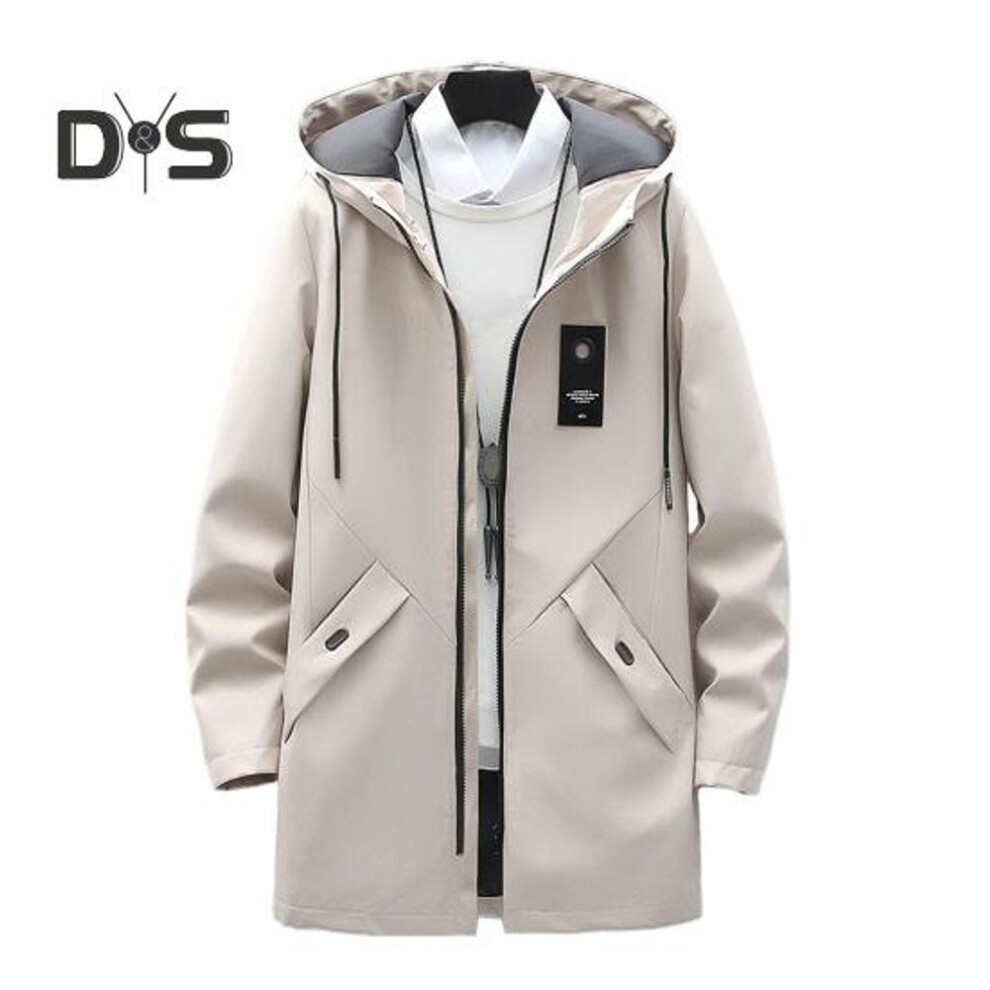 (beige, M) Men Trench Coat Hooded Drawstring Long Sleeve Mid-length Jacket With Pockets Solid Color Zipper Placket Windbreaker
