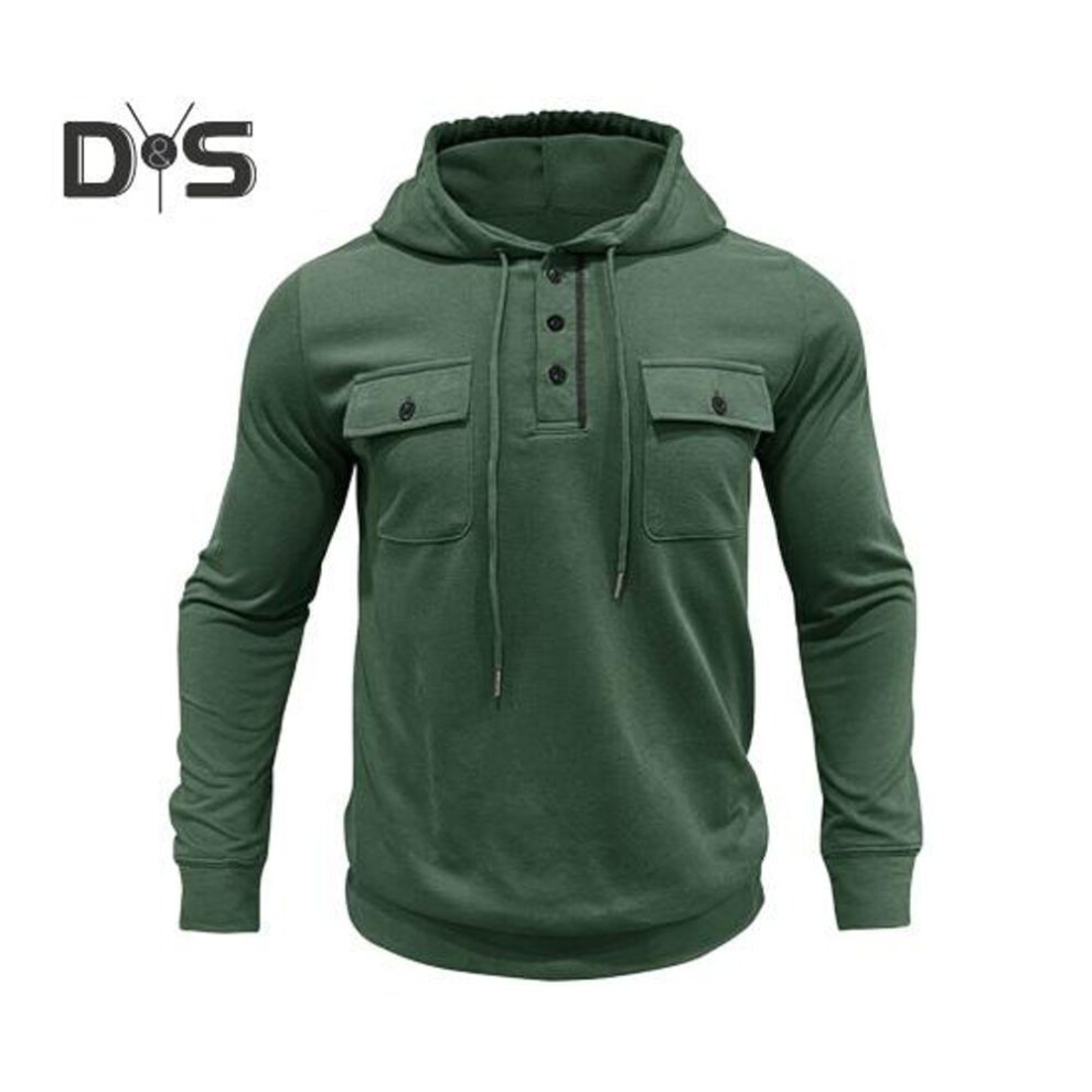 (green, M) Fall Spring Men Top Drawstring Chest Pockets Buttoned Hooded Long Sleeves Pure Color Elastic Cuff Mid Length Sport Casual Hoodie