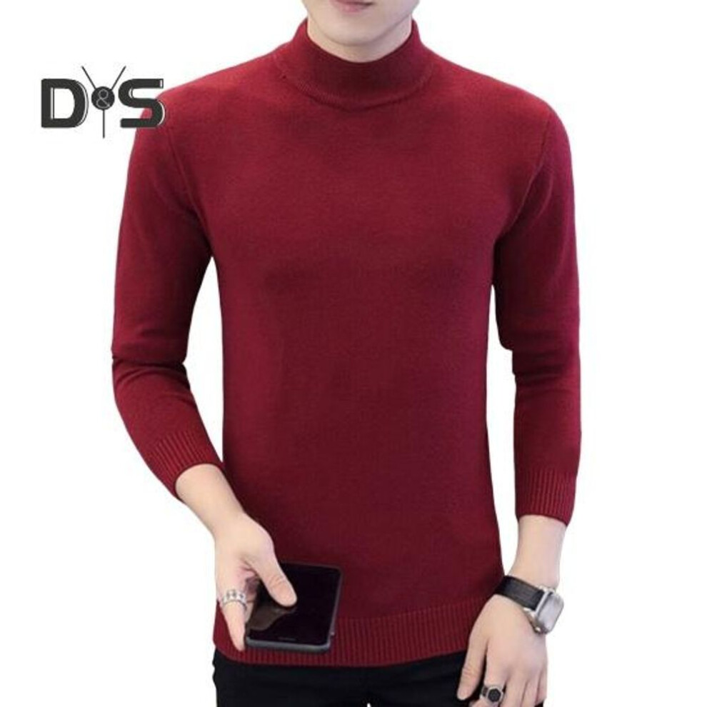 (wine red, XXL) Fall Winter Men Sweater Half-high Collar Knit Thick Plush Lining Elastic Long Sleeves Slim Fit Warm Solid Color Bottoming Knitwear Daily Wear