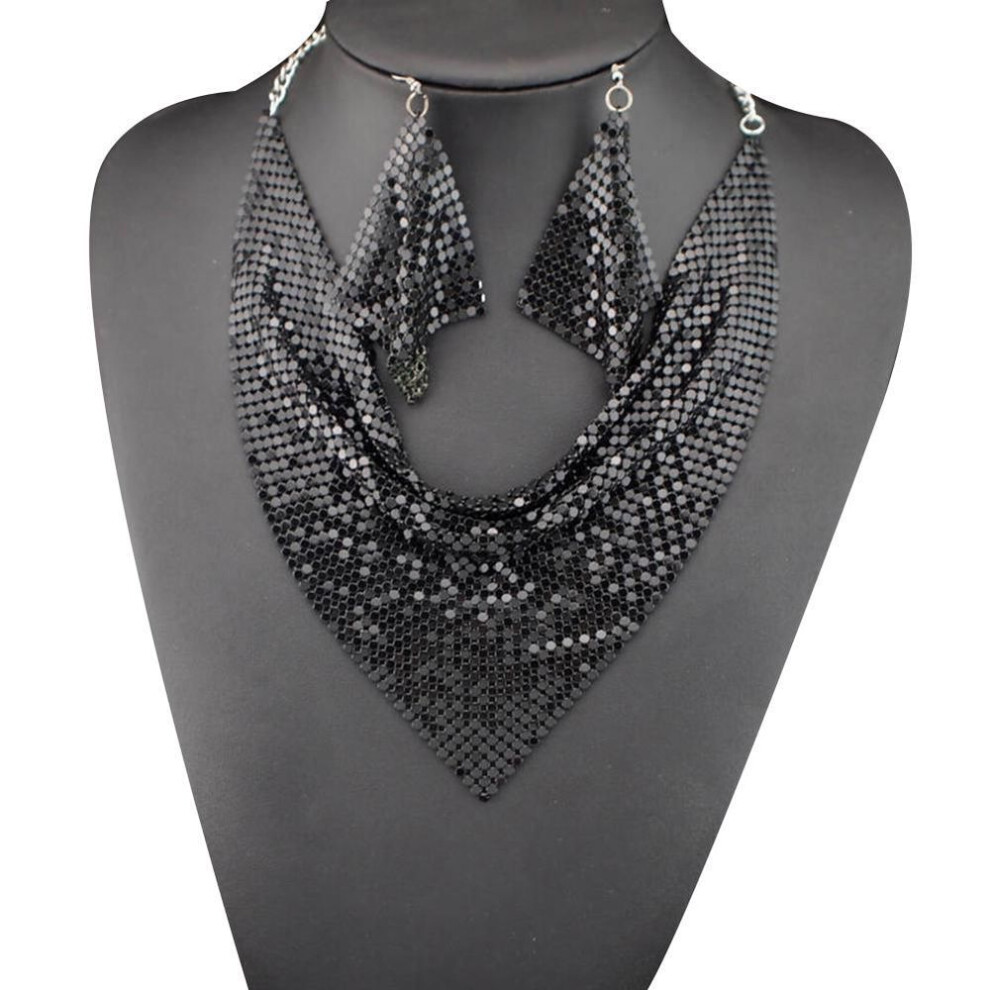 (black, one size) Fancy Trinket 2pcs/set Triangular Scarf Sequins Statement Bib Necklace Earrings
