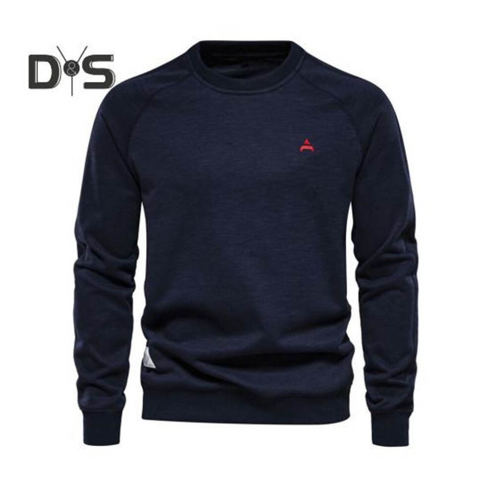 (navy blue, XL) Auutmn Winter Men Top O Neck Loose Solid Color Elastic Cuff Pullover Mid Length Sport Daily Wear School Sweatshirt