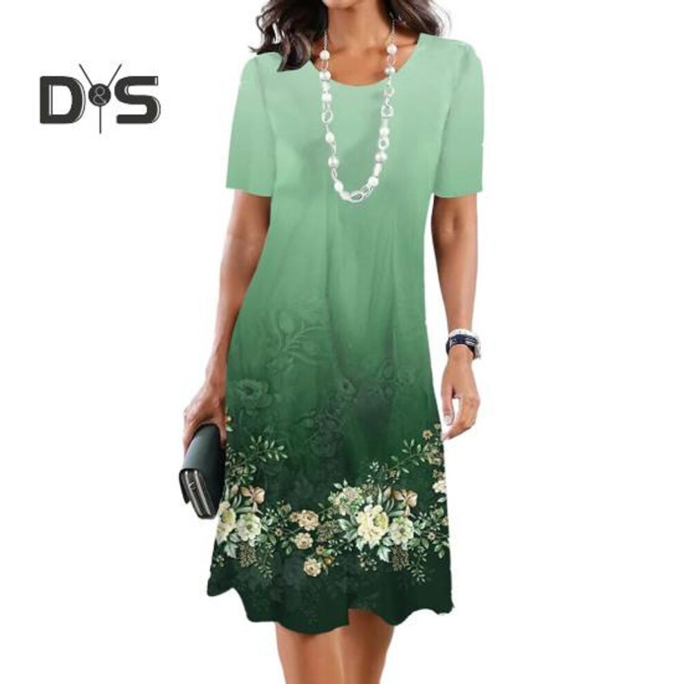 (green, 3XL) Women Dress Round Neck Short Sleeve Flower Print Gradient Color Matching Loose A Line Soft Breathable Knee Length Lady Midi Dress