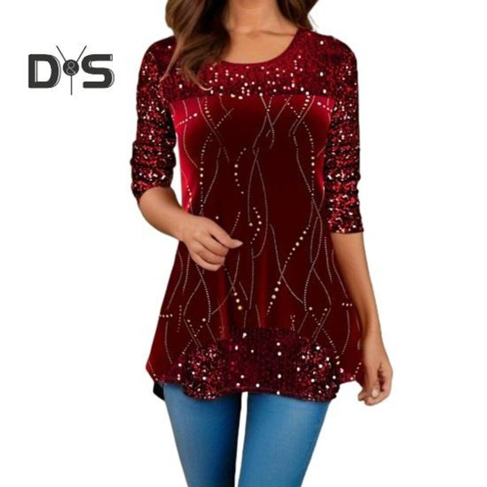 (3XL, red) Women Spring Top Round Neck Sequin Long Sleeve Loose Patchwork Flower Print Irregular Hem Loose Mid Length Lady Commute Party T Shirt