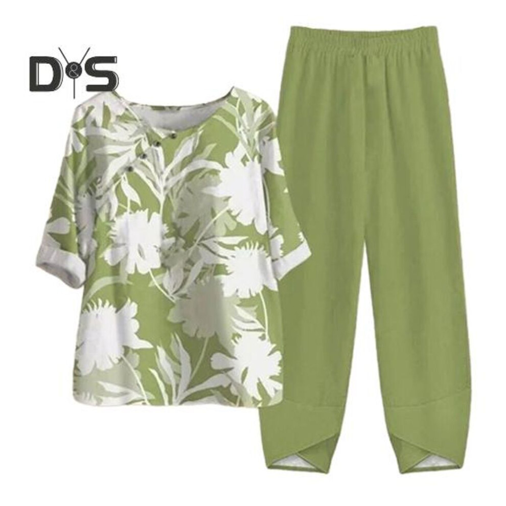 (light green, XL) 2 Pcs/set Women Top Pants Set Retro Leaf Print Wide Leg Elastic Waist Half Sleeve Round Neck Loose Plus Size Mid-aged Women Mother Casual T-shirt