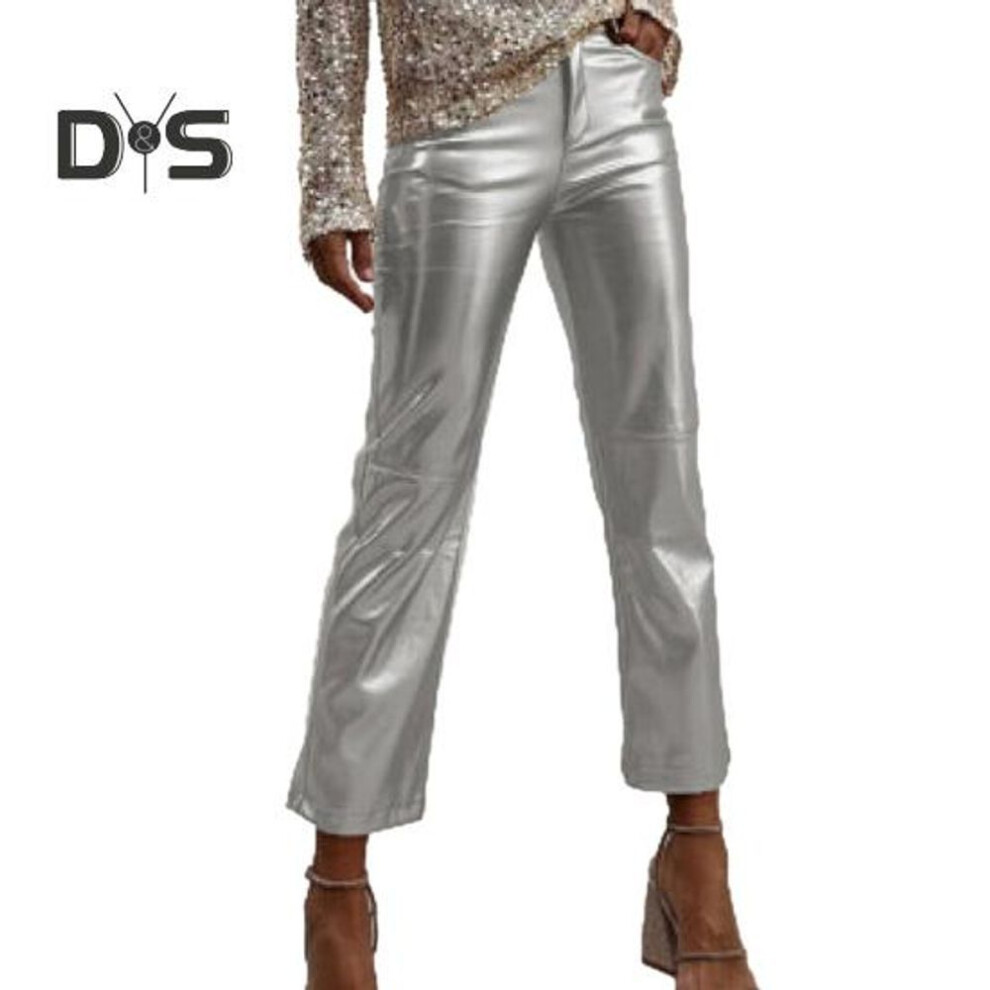 (silver, L) Women Pants Slim Fit Glossy Smooth Surface Faux Leather Pockets Mid Waist Zipper Button Closure Soft Breathable Club Party Lady Ninth Pants
