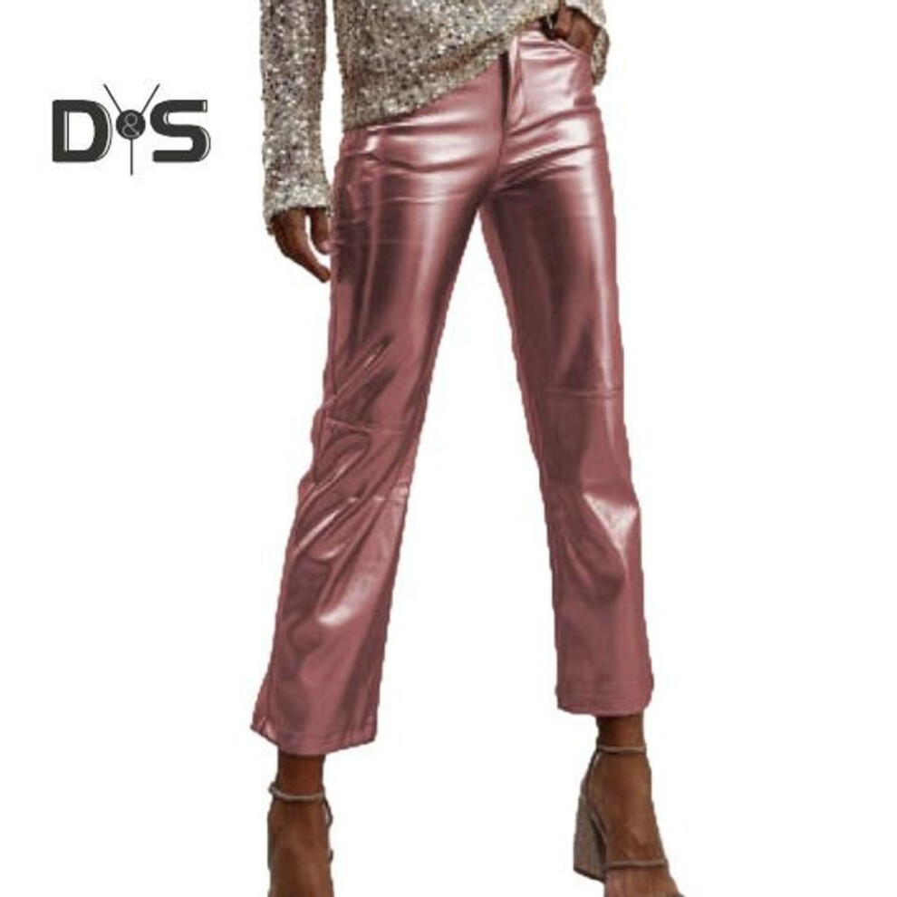 (pink, M) Women Pants Slim Fit Glossy Smooth Surface Faux Leather Pockets Mid Waist Zipper Button Closure Soft Breathable Club Party Lady Ninth Pants