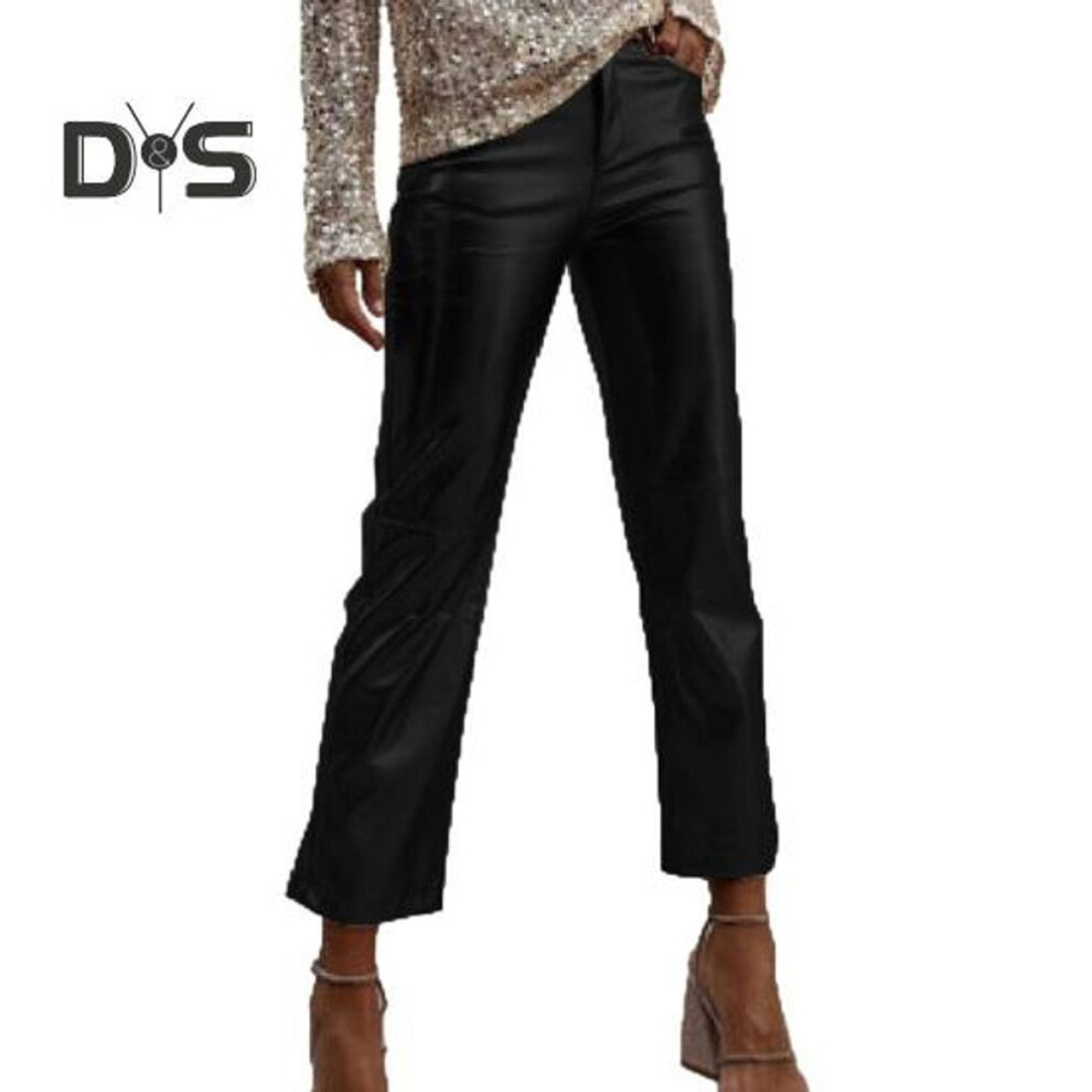 (black, S) Women Pants Slim Fit Glossy Smooth Surface Faux Leather Pockets Mid Waist Zipper Button Closure Soft Breathable Club Party Lady Ninth Pants