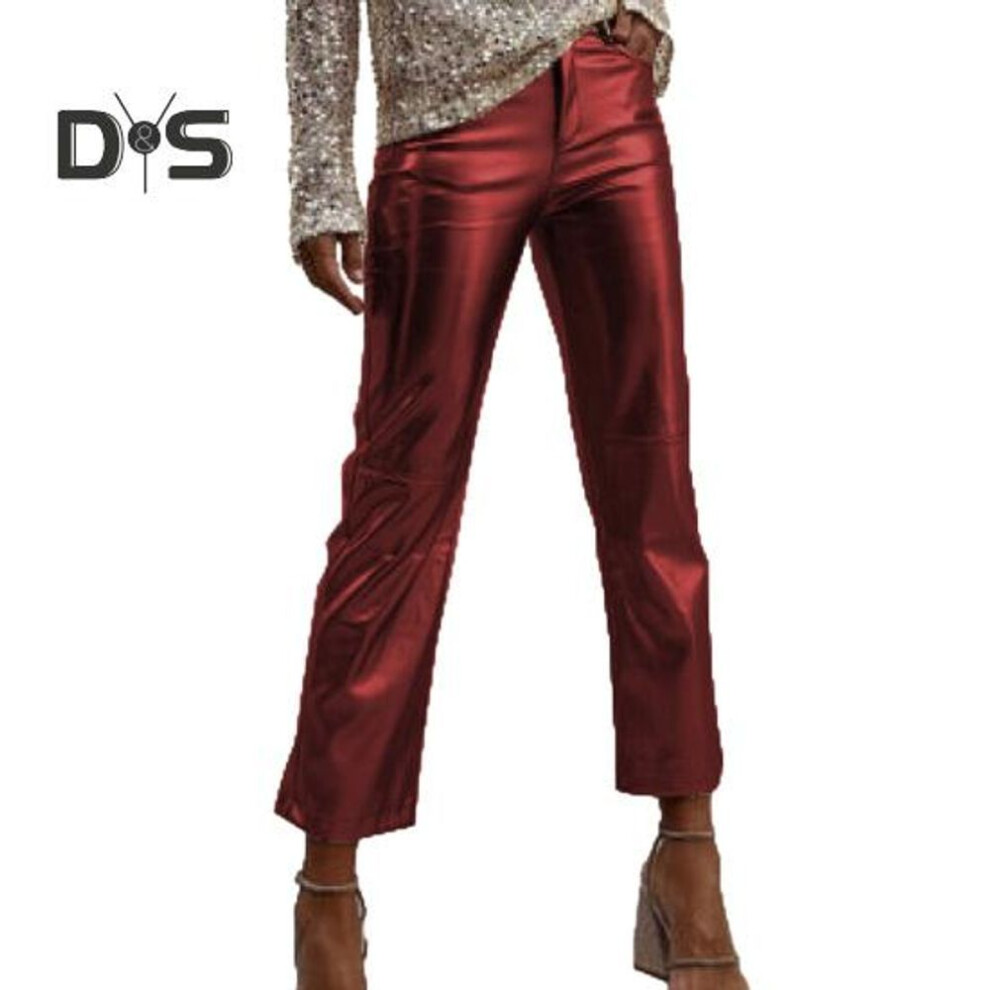 (wine red, L) Women Pants Slim Fit Glossy Smooth Surface Faux Leather Pockets Mid Waist Zipper Button Closure Soft Breathable Club Party Lady Ninth Pants
