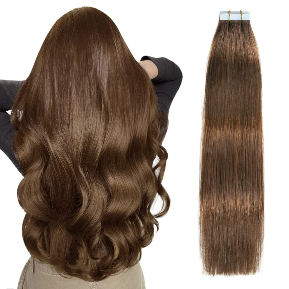 Suyya Unisex Brown Tape In Hair Extensions Human Hair Chocolate 100% Real Human Hair 20Pcs 40G/Pack Straight Seamless Skin Weft Remy Tape Hair Extensions(12