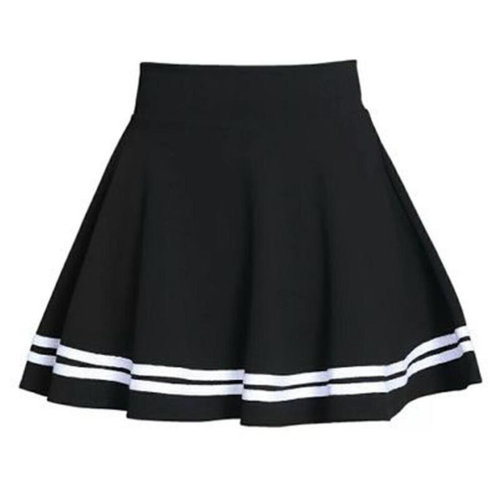 (XL, black) Ladystyle Women High Waist Solid Color Stripe Pleated A Line Mini School Skirt