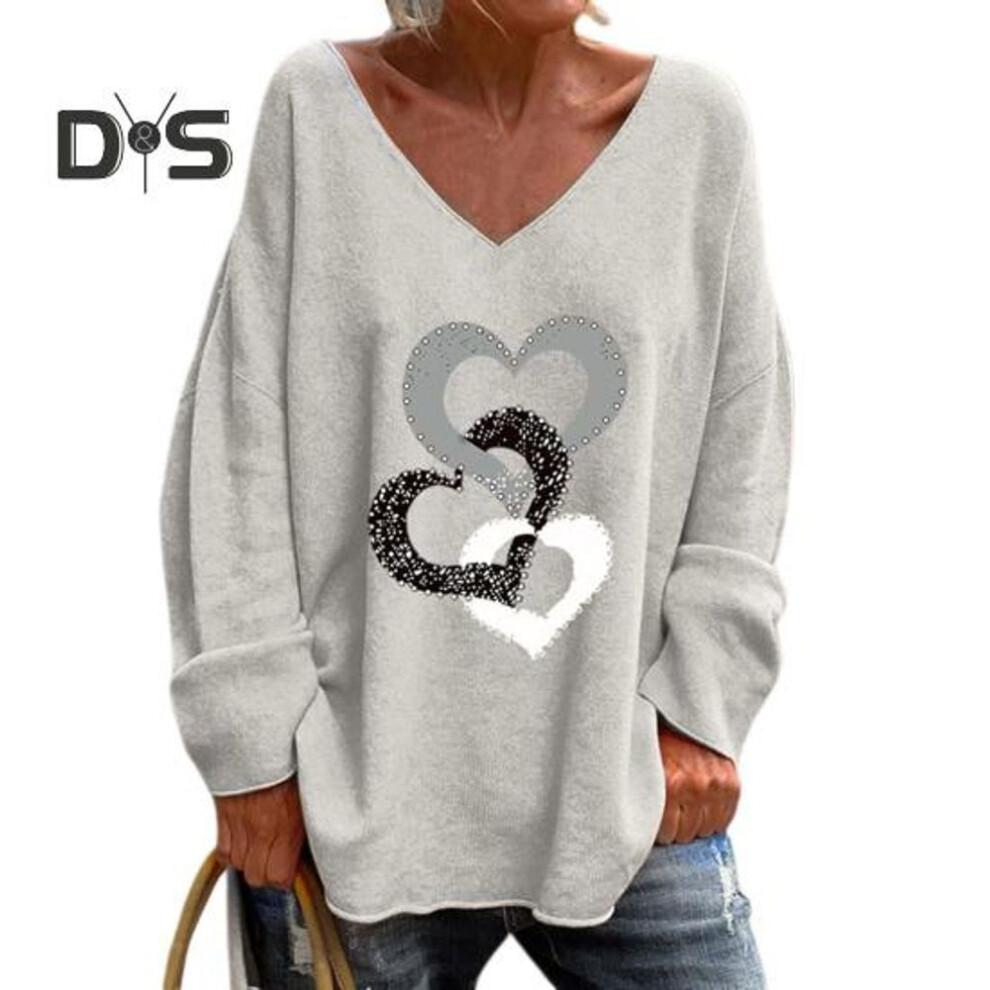 (XL, grey) Women Casual T Shirt V Neck Long Sleeve Pullover Tops Rhinestones Heart Pattern Loose Fit Tee Shirt Streetwear