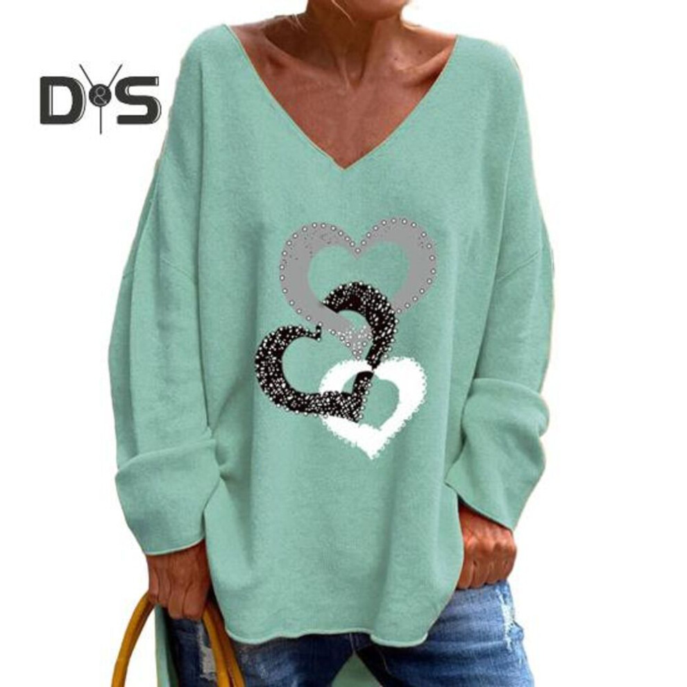(XL, green) Women Casual T Shirt V Neck Long Sleeve Pullover Tops Rhinestones Heart Pattern Loose Fit Tee Shirt Streetwear