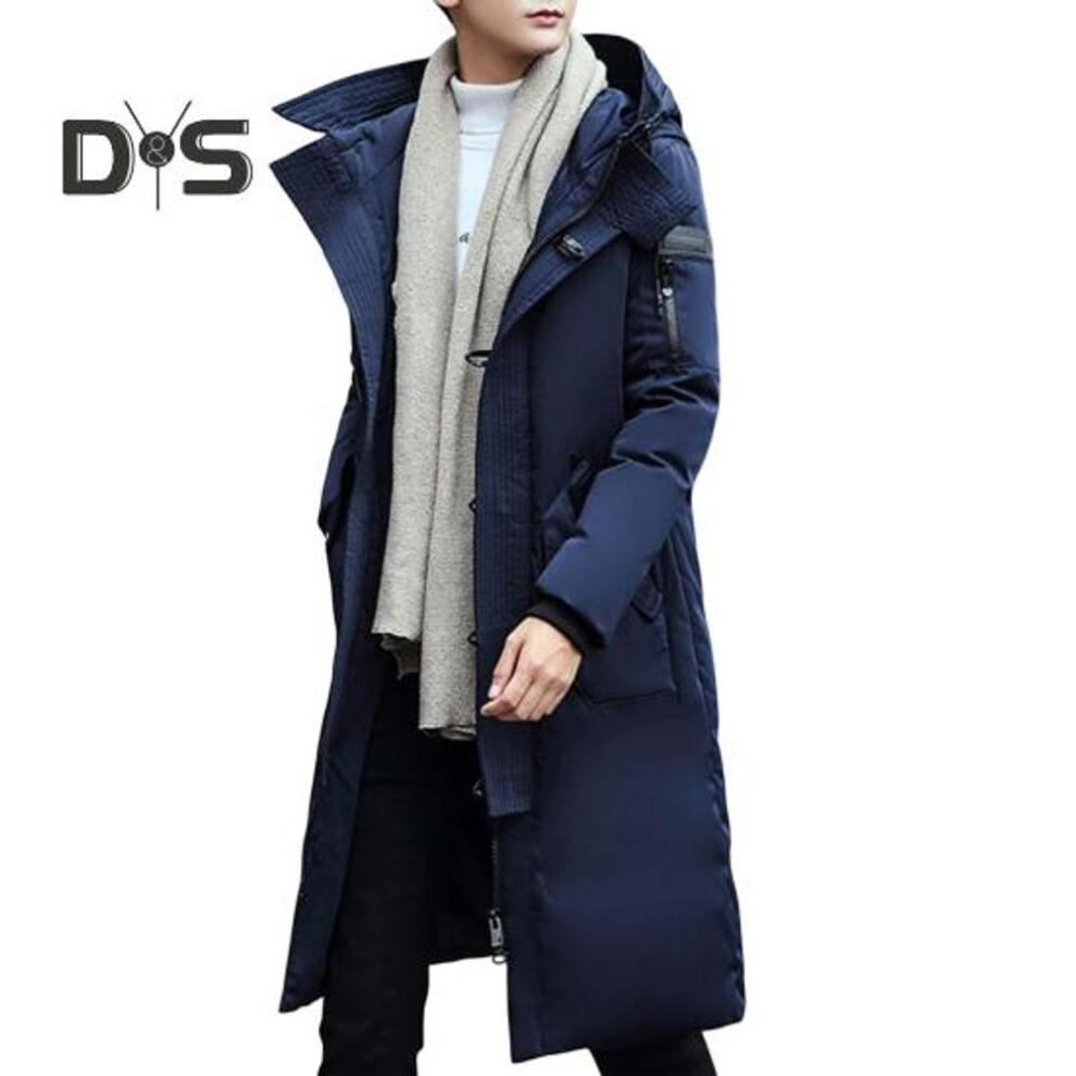 (navy blue, M) Men Cotton Coat Hooded Long Sleeve Solid Color Quilted Jacket with Multi Pockets Thickened Warm Windproof Winter Outerwear