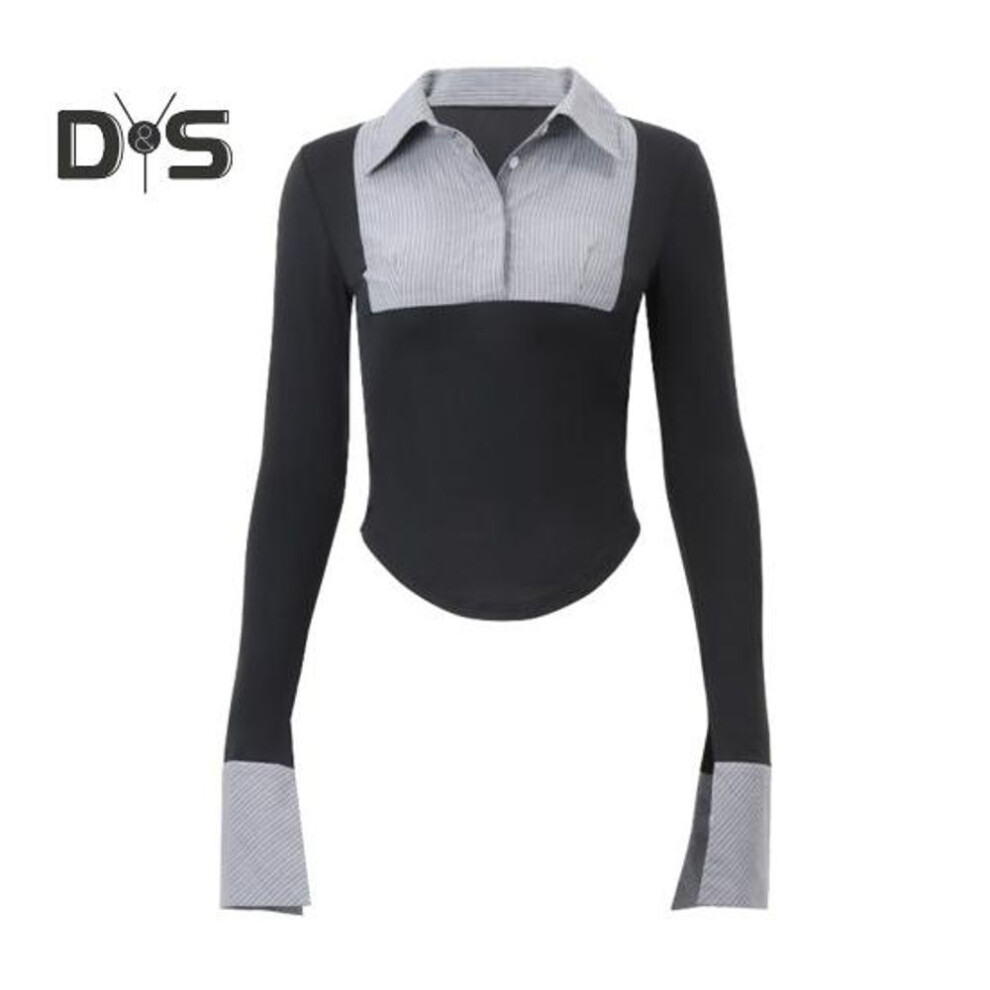 (L, black) Women Shirt Half-opening Color Matching Buttoned Turn-down Collar Slim Blouse Stripe Slit Cuffs Horn Sleeves Top for Work Party Daily Wear