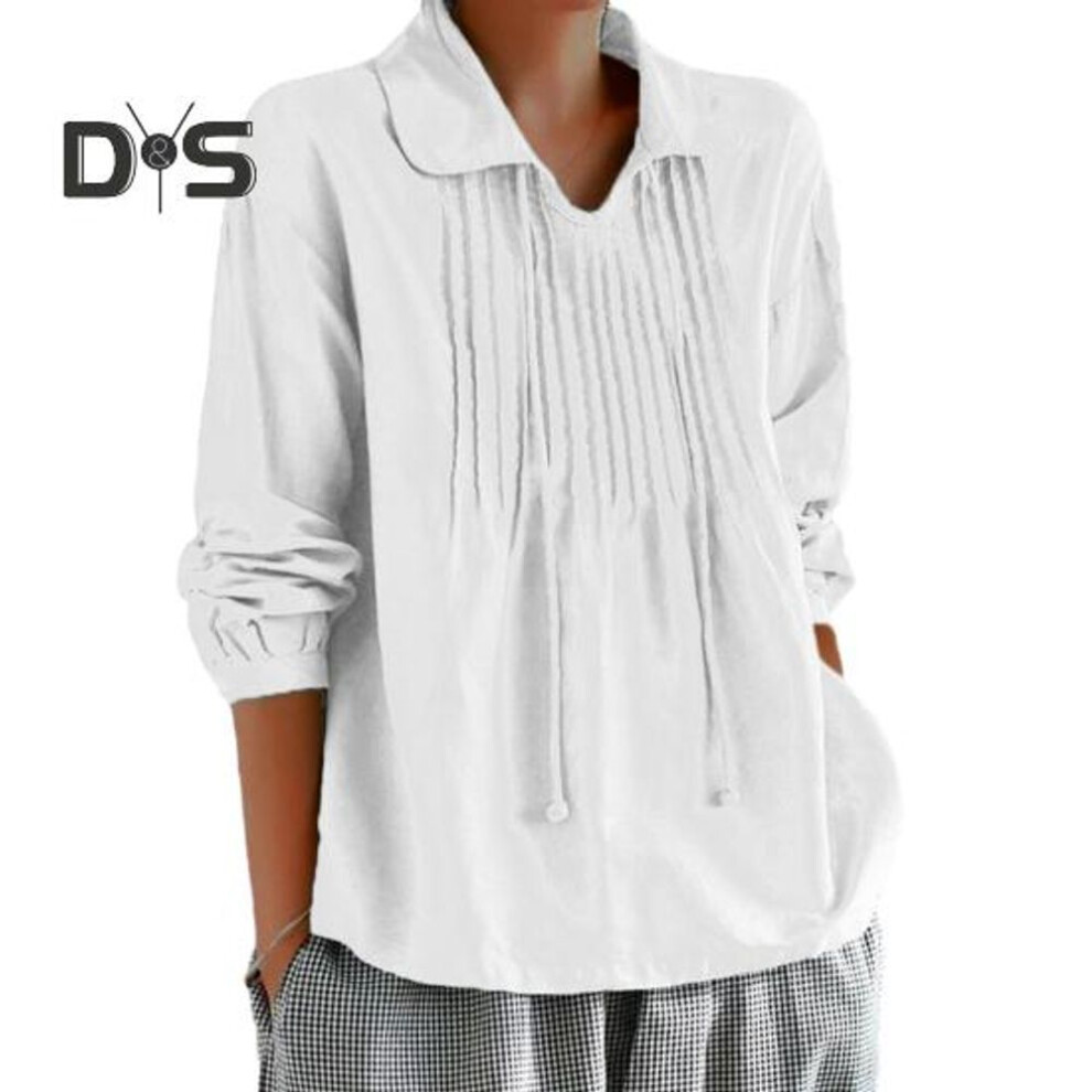 (L, white) Women Spring Shirt Turn Down Collar Tassel Solid Color Loose Soft Pleated Pullover Casual Breathable Lady Daily Top