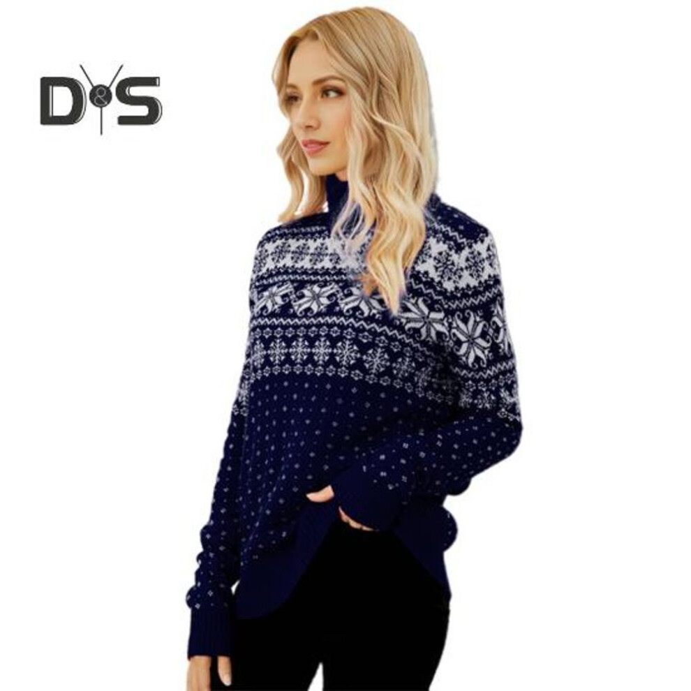 (XL, navy blue) Women Christmas Sweater High Collar Long Sleeve Jacquard Snowflake Print Knitting Tops Loose Fit Knitwear