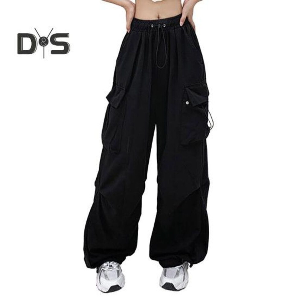 (black, 2XL) Women Cargo Pants High Waist Oversized Multi Pockets Quick Dry Solid Color Drawstring Full Length Ankle Banded Hip Hop Streetwear Lady Trousers