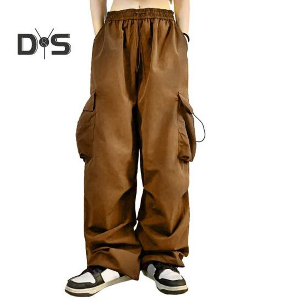 (brown, S) Women Cargo Pants High Waist Oversized Multi Pockets Quick Dry Solid Color Drawstring Full Length Ankle Banded Hip Hop Streetwear Lady Trousers