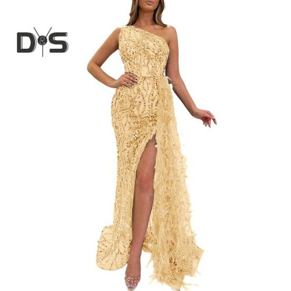 (golden, XL) Women Evening Dress One Shoulder Sleeveless Shiny Sequin Padded Feather Decor High Split Solid Color Slim Fit Tight High Waist Floor Length Prom