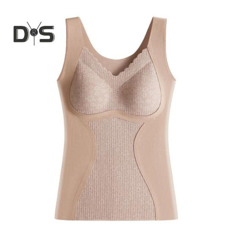 (3XL, beige) Winter Women Thermal Vest With Chest Pads Seamless Lace V Neck Fast Temperature Lock Heating Slim Fit Elastic Sleeveless Inner Wear Bottoming Tank Top