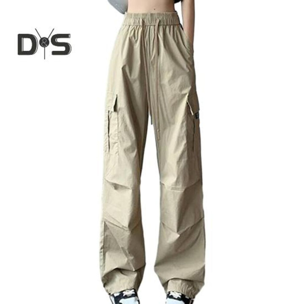 (khaki, S) Women Pants Casual Elastic Waist Wide Leg Cargo Pants Comfortable Women Loose Trouser For Daily Wear