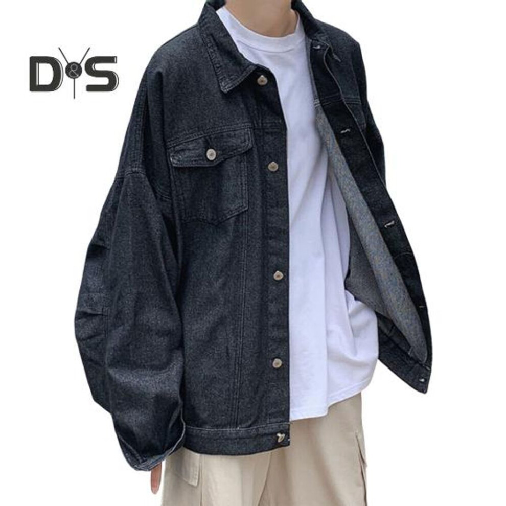 (black, XXL) Men Denim Coat Lapel Long Sleeve Flap Pockets Single Breasted Jacket With Flap Pockets Solid Color Loose Fit Denim Outerwear