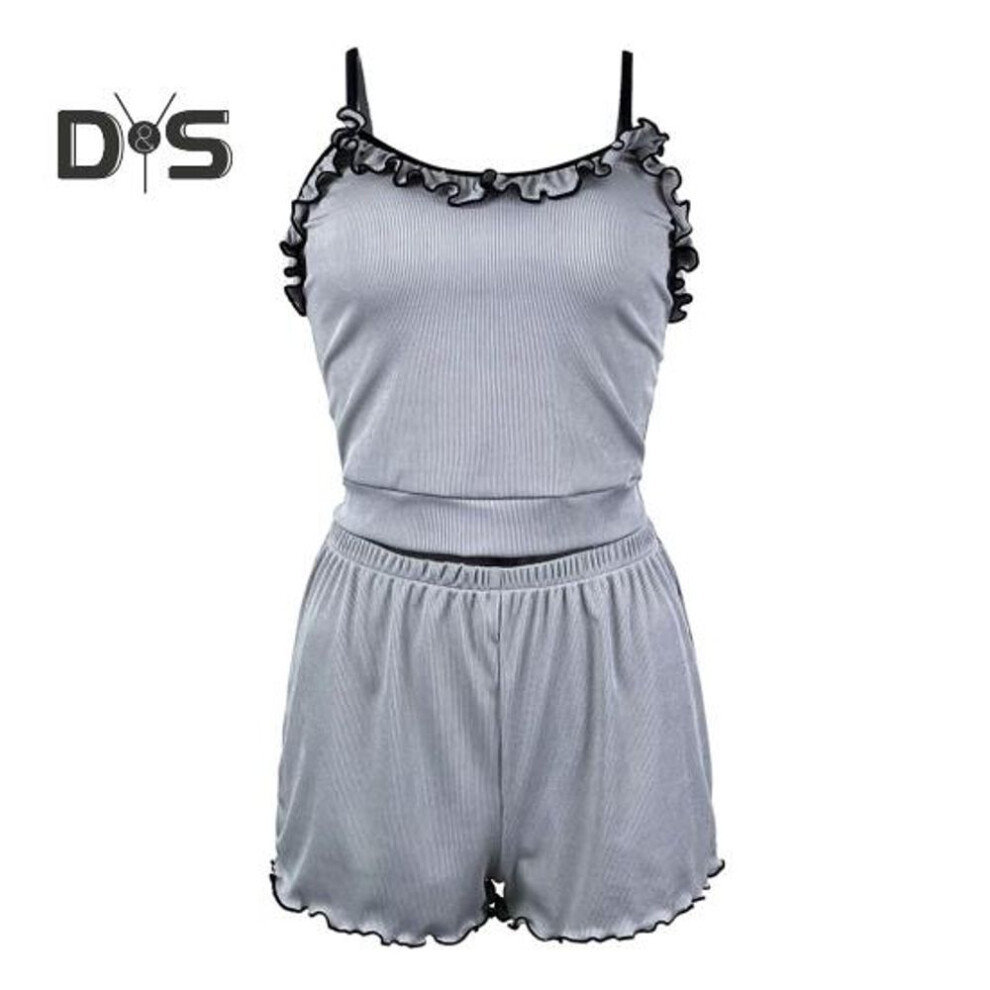 (L, grey) 2 Pcs/Set Women Summer Pajamas Suit Ruffle Patchwork Sleeveless Backless Cop Top High Waist Mini Shorts Daily Nightie Slim Fit Sleepwear
