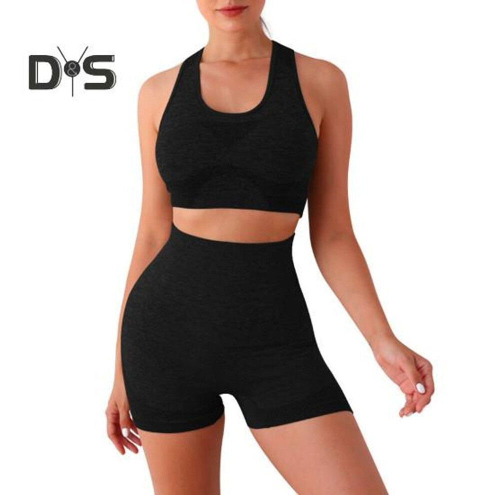 (black) 2 Pcs/set Women Sportswear Vest Shorts Set High Waist Great Elasticity Skinny V Neck Quick Dry Sleeveless Backless Sweat Absorption Solid Color Lady