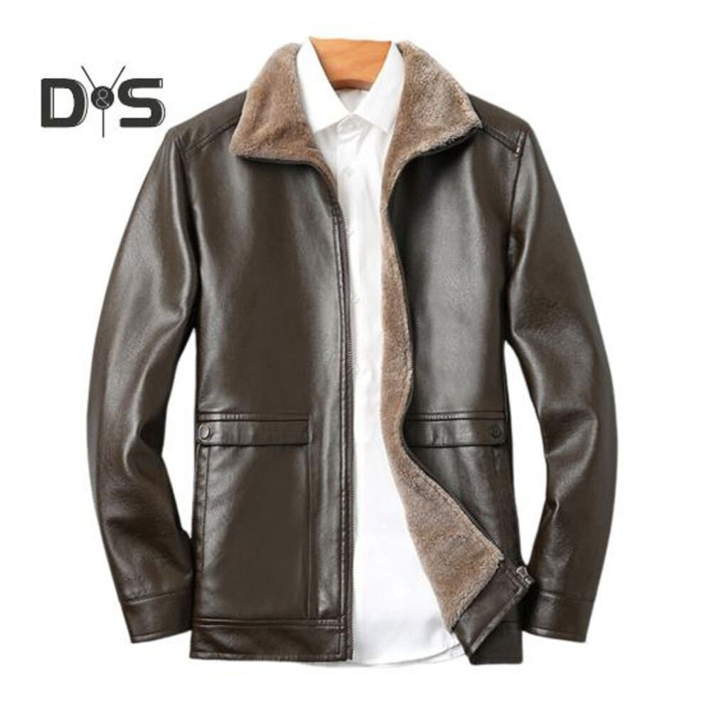 (brown, XXXL) Men Jacket Lapel Long Sleeve Solid Color Faux Leather Jacket with Side Pockets Windproof Plush Lining Biker Outerwear