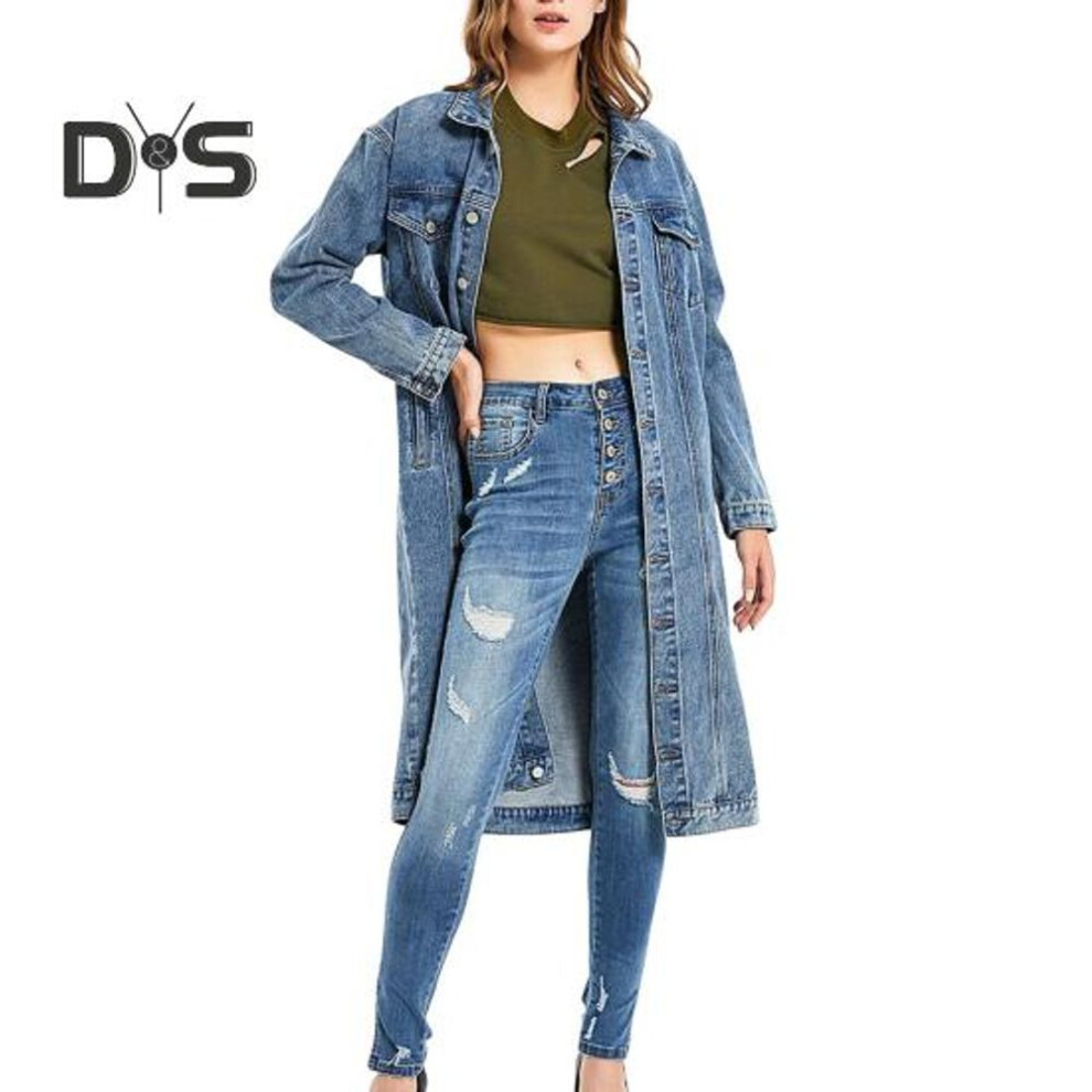 (blue, M) Women Retro Jacket Slim Fit Washed Denim Mid Length Turn-down Collar Button-down Long Sleeve Coat Solid Color With Chest Pockets Outerwear