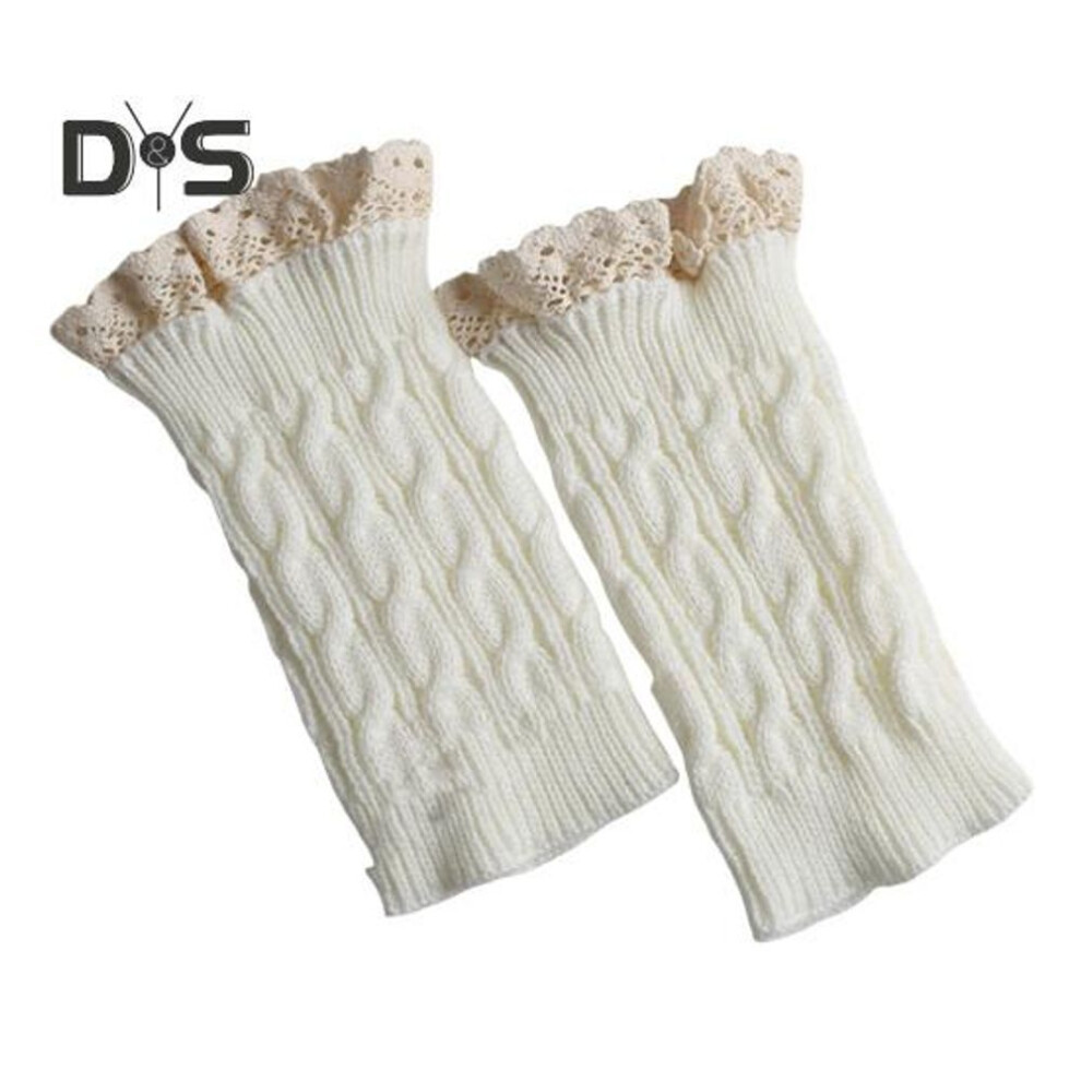 (white) 1 Pair Calf Covers for Boots Lace Trim Knitted Thick Keep Warm Over-the-Knee Socks High Elasticity Anti-slip Footless Calf Sleeves
