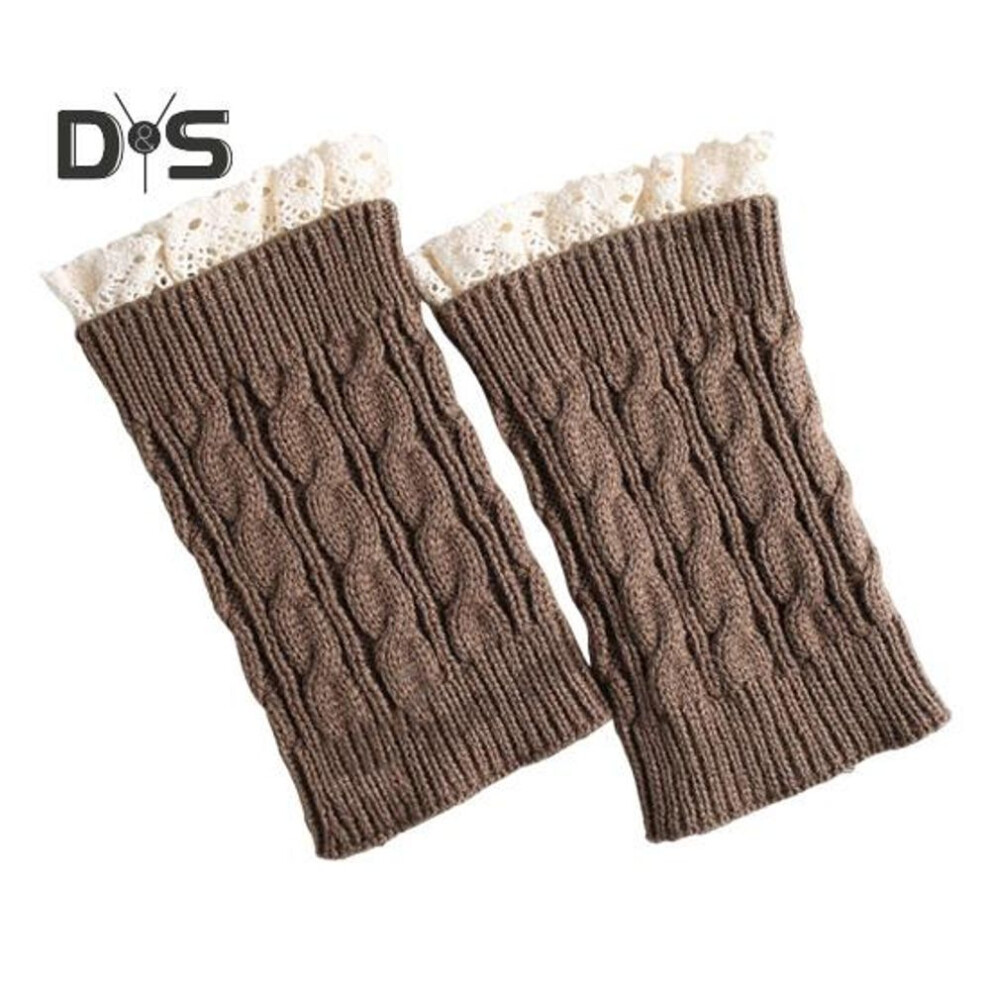 (khaki) 1 Pair Calf Covers for Boots Lace Trim Knitted Thick Keep Warm Over-the-Knee Socks High Elasticity Anti-slip Footless Calf Sleeves