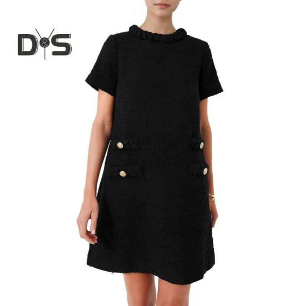 (black, L) Women Dress Round Neck Loose Back Zipper Closure Short Sleeves Solid Color Button Decor A Line Vintage Mini Dress