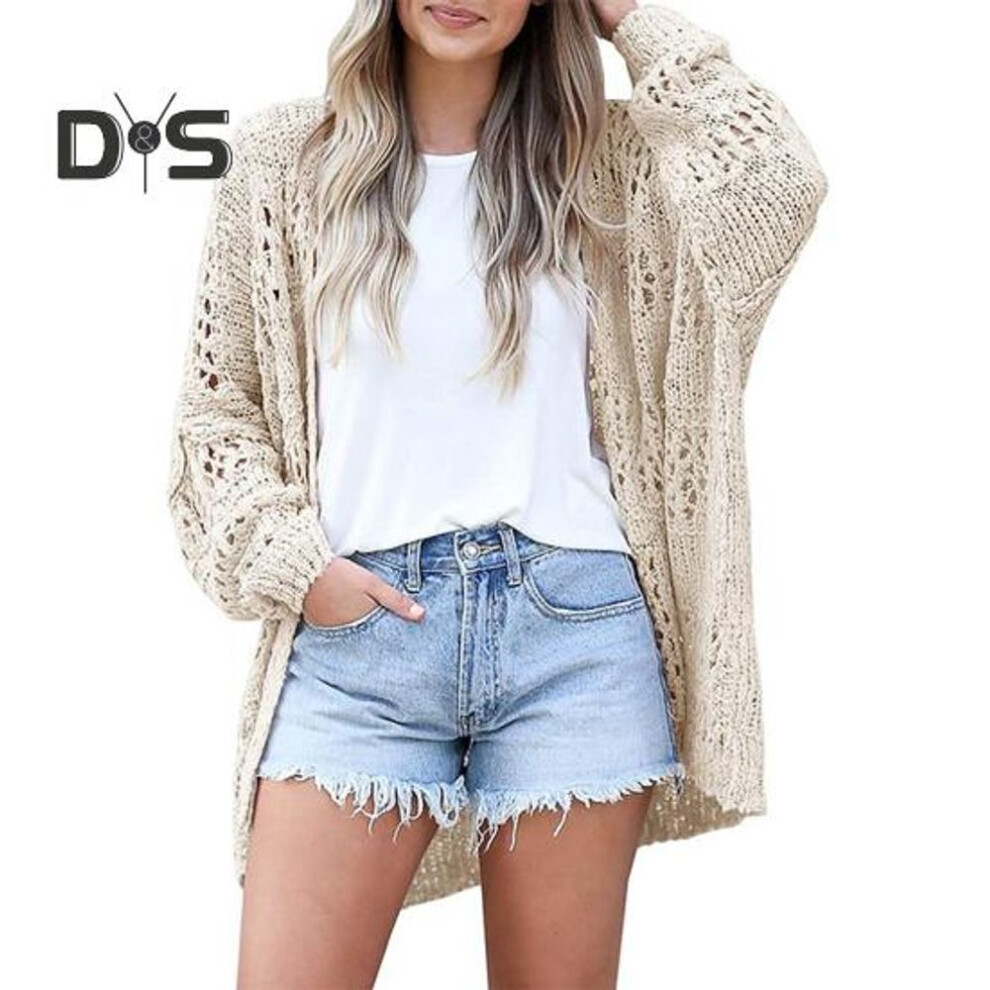 (XXXL, beige) Women Knitted Coat Hollow Out Loose Long Sleeve Pure Color Knitwear Cardigan Mid Length Loose Elastic Spring Autumn Jacket
