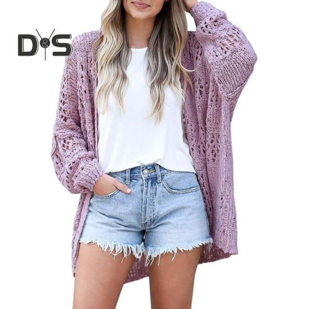 (XXL, purple) Women Knitted Coat Hollow Out Loose Long Sleeve Pure Color Knitwear Cardigan Mid Length Loose Elastic Spring Autumn Jacket